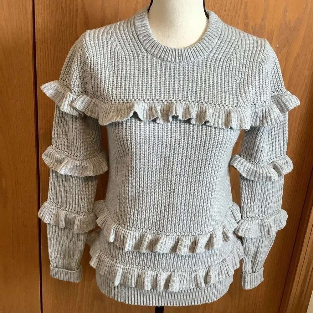 Michael Kors Grey Ruffle Trim Knit Sweater Sz-S